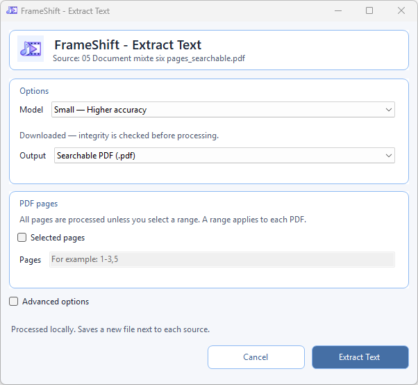Extract Text dialog showing Small, searchable PDF and PDF page selection