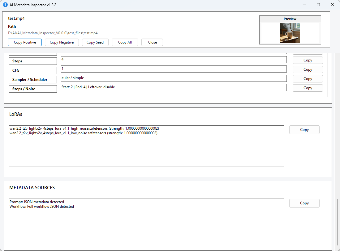 AI Metadata Inspector showing multi-pass workflow data